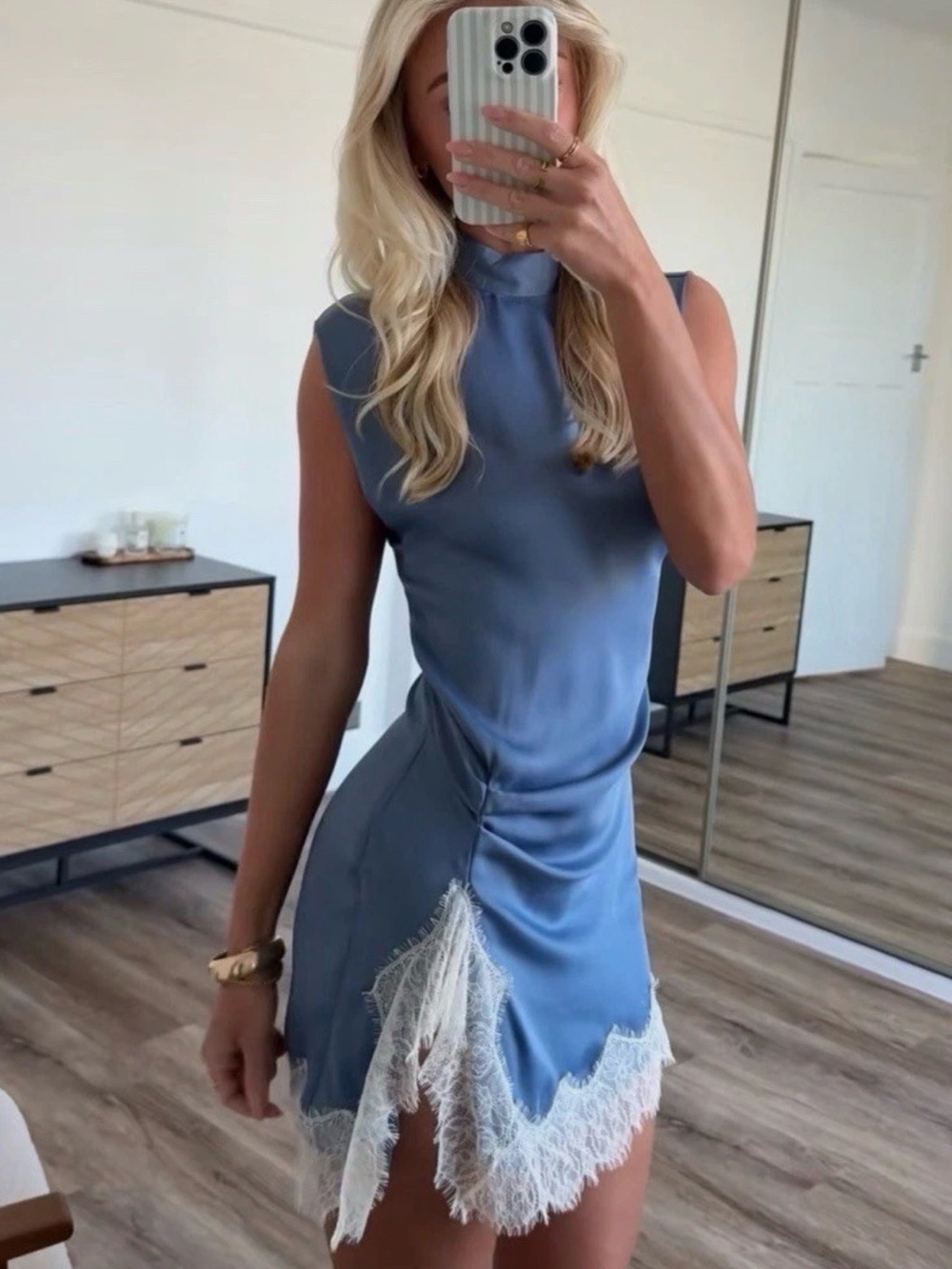 Zara Powder Blue Lace-Trim Sleeveless Mini Dress